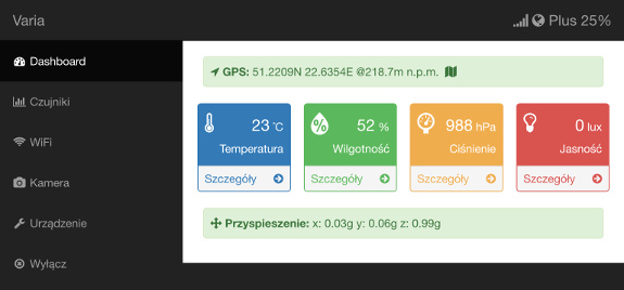 Portal urządzenia klasy Varia (dashboard) dostępny przez WiFi (iPad)